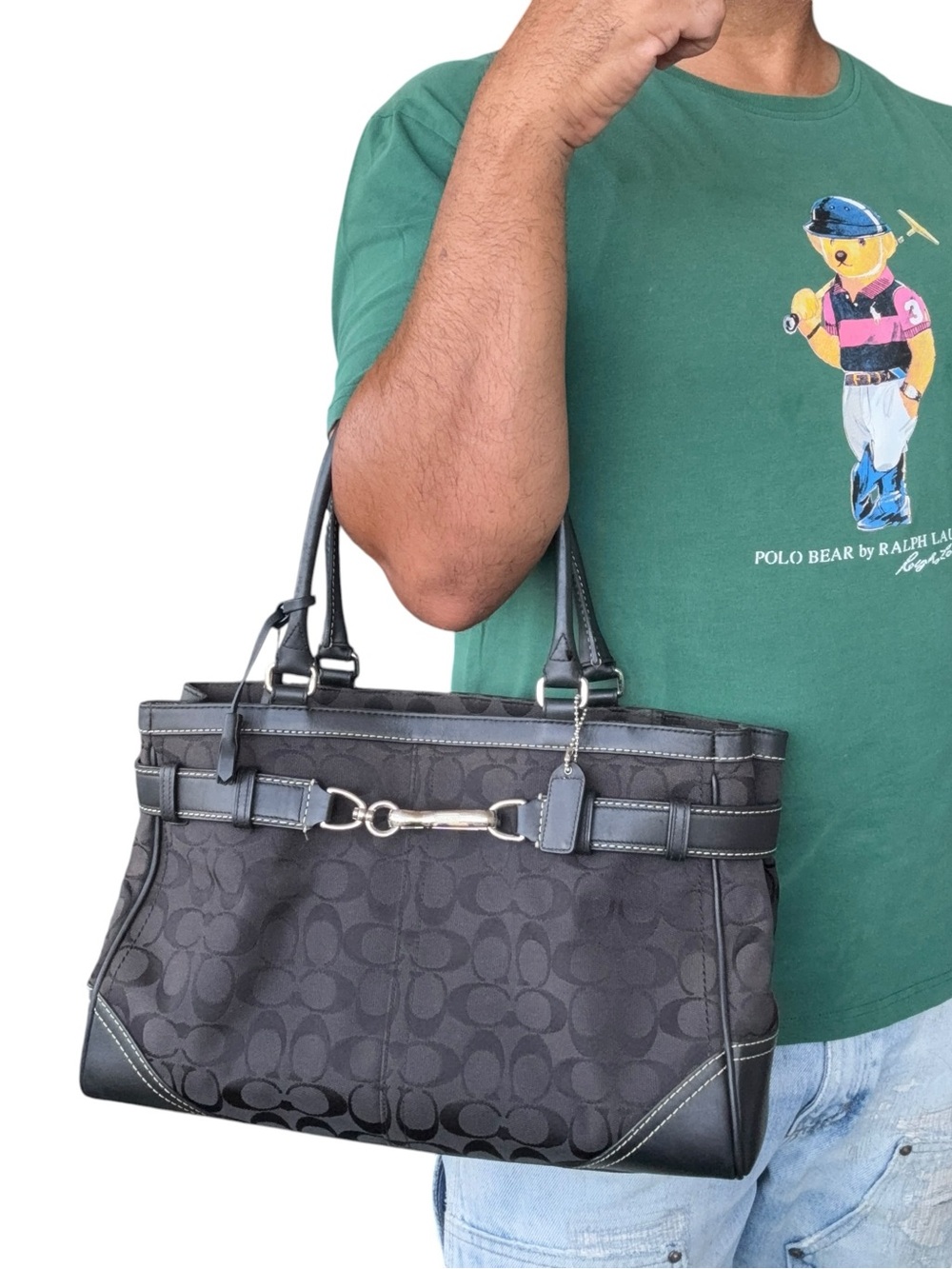 Vintage Y2K Coach Black Signature Canvas Tote Bag with Horsebit Detail